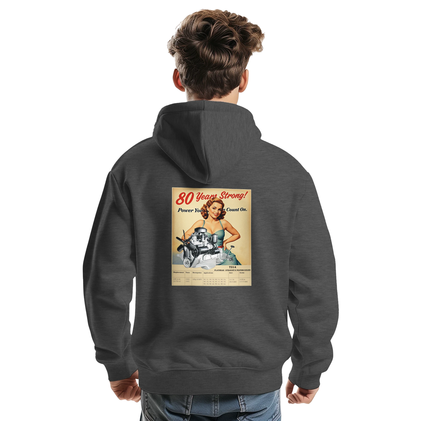 Unisex STRAIGHT SERIES T214 COZY PULLOVER HOODIE worn by male model, showcasing retro engine design on back. Great for automotive apparel fans.