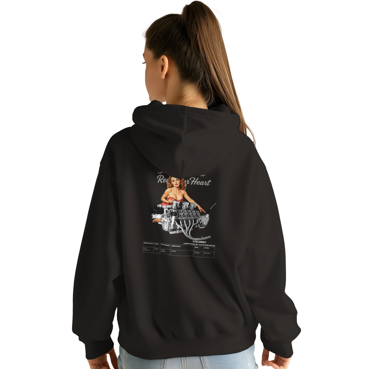 Female model wearing V-SERIES Pullover Hoodie ICONIC V12 STREETWEAR showing back design with classic V12 engine and retro pin-up art.