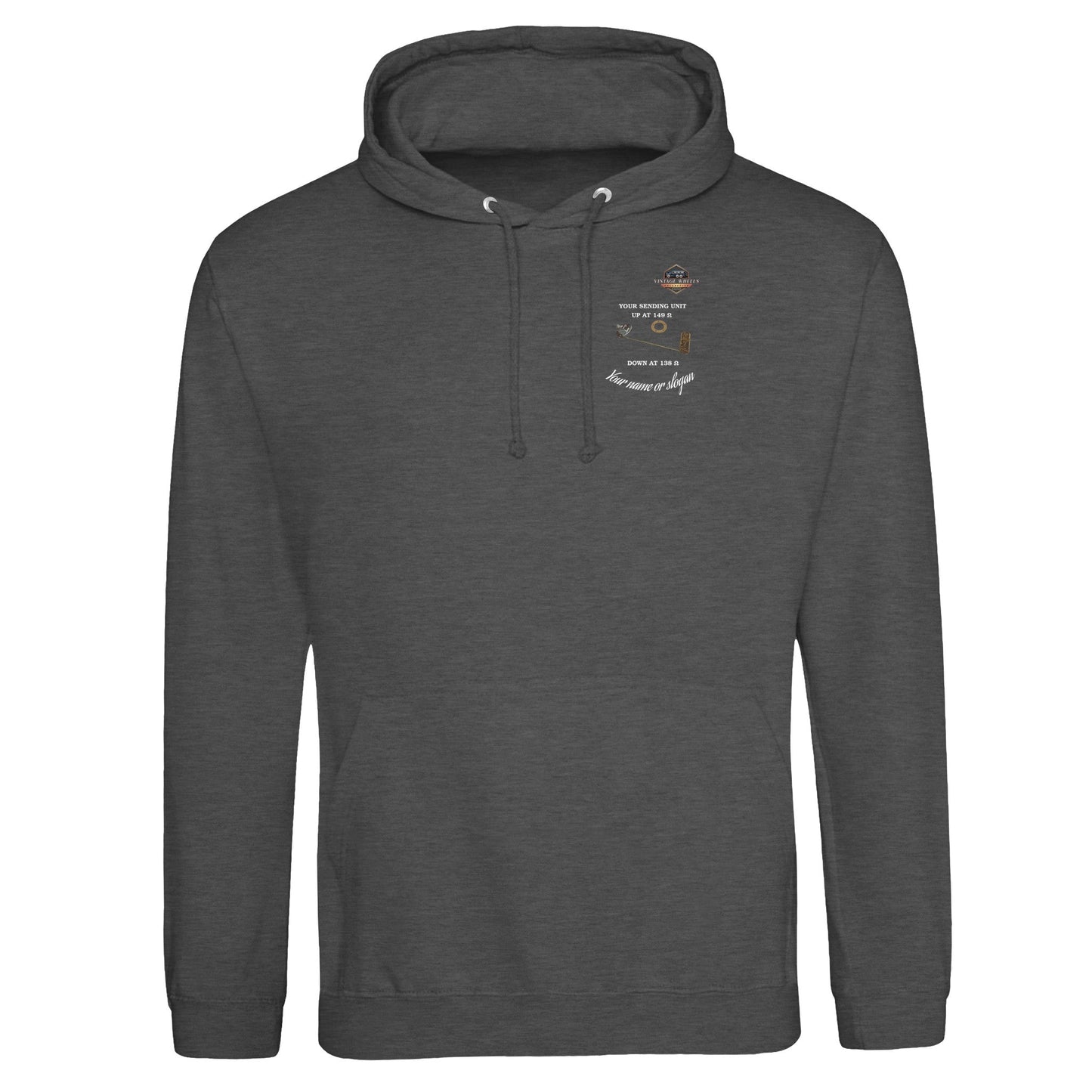 Front view of UNDENIABLE PULLOVER HOODIE VINTAGE DARK in charcoal with small chest print of fuel sending unit, perfect for car enthusiasts.