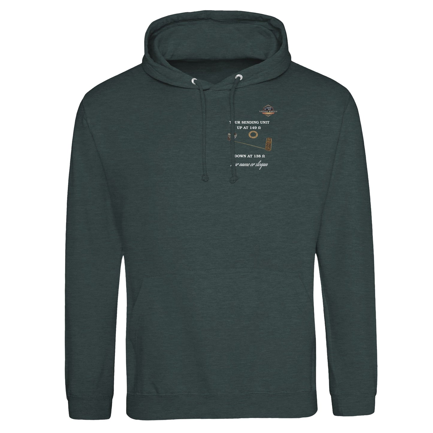 Dark green UNDENIABLE PULLOVER HOODIE VINTAGE DARK featuring chest design of fuel sending unit, cozy apparel for car enthusiasts.