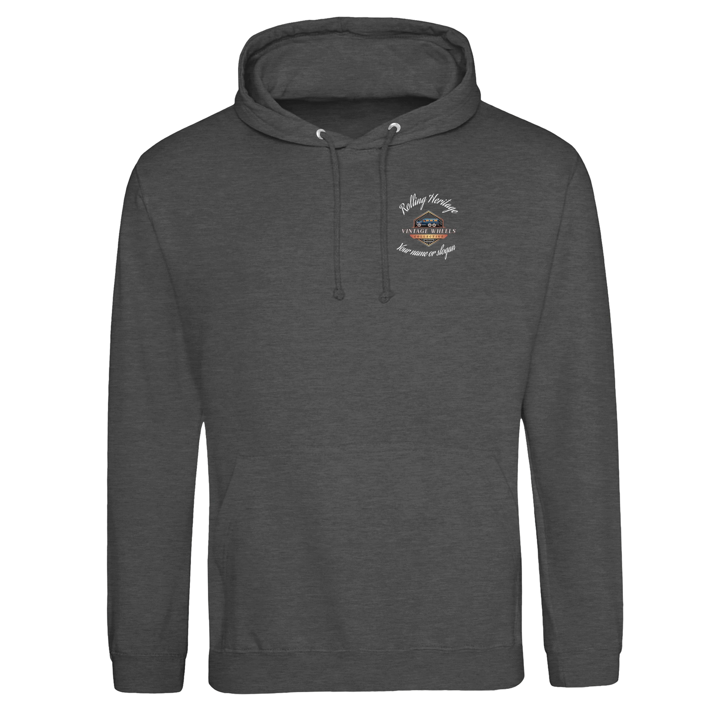 Front view of STRAIGHT SERIES T214 COZY PULLOVER HOODIE in charcoal featuring small chest logo with T214 engine. Soft and stylish for daily wear.