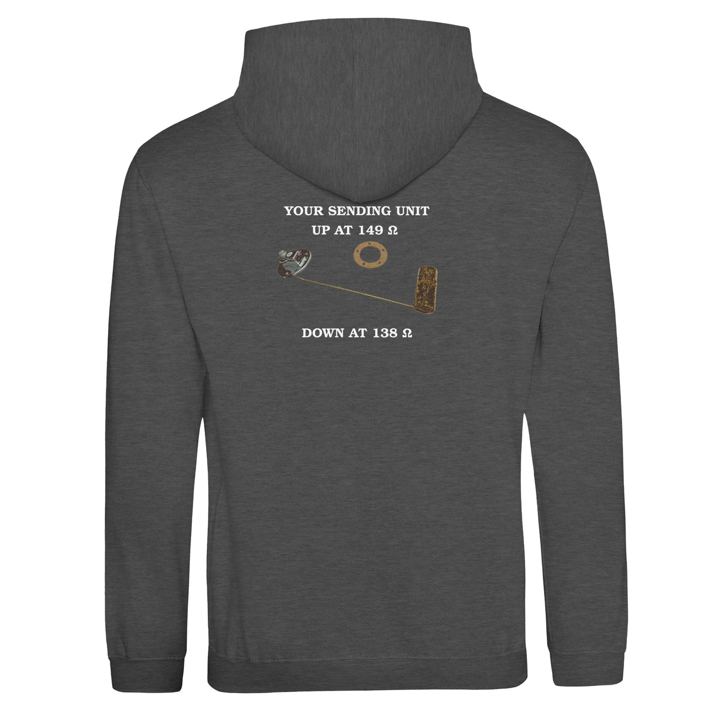 Back view of UNDENIABLE PULLOVER HOODIE VINTAGE DARK featuring a vintage fuel sending unit graphic with resistance values, ideal for auto fans.