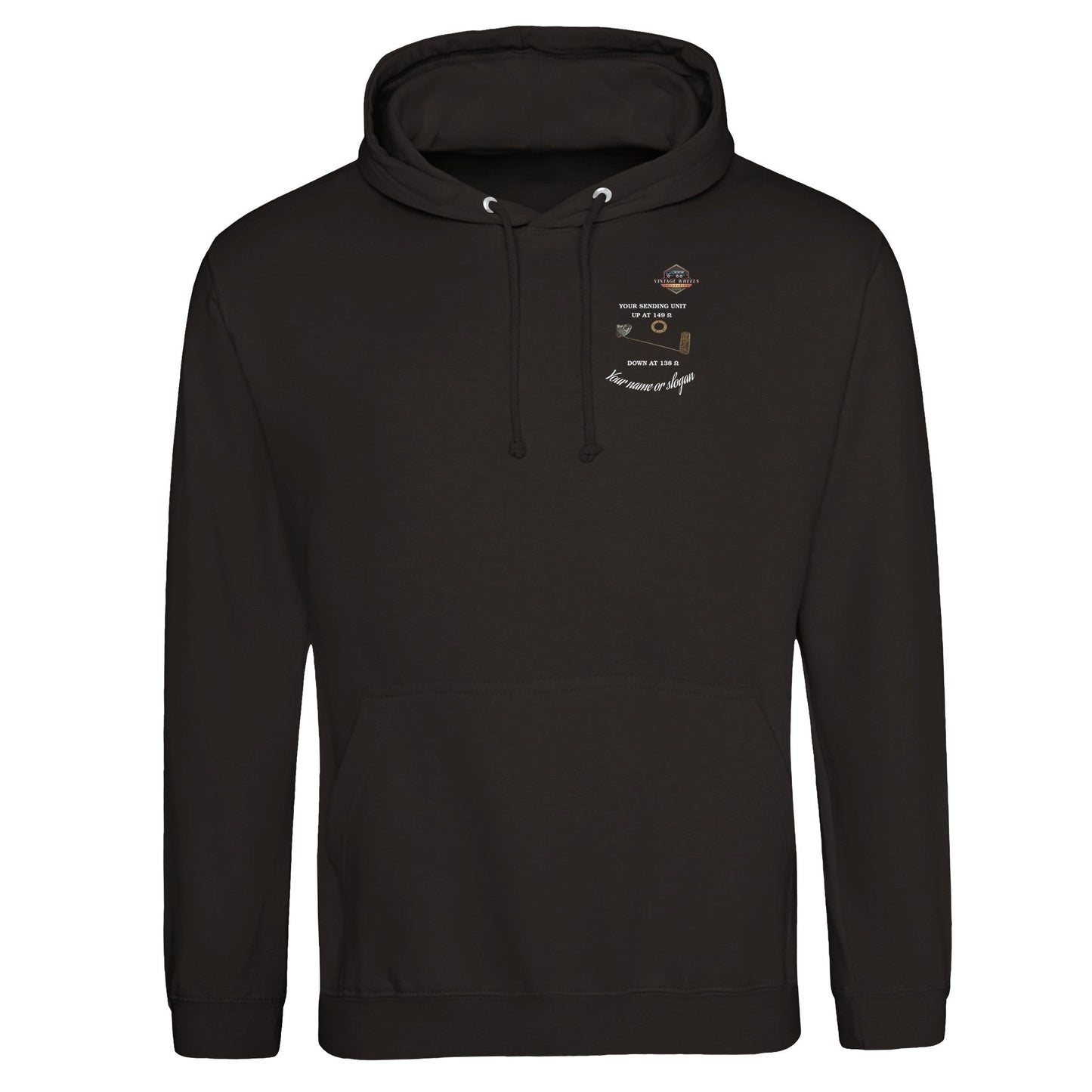 Black UNDENIABLE PULLOVER HOODIE VINTAGE DARK with front graphic of fuel sending unit, unisex pullover for automotive hobbyists.