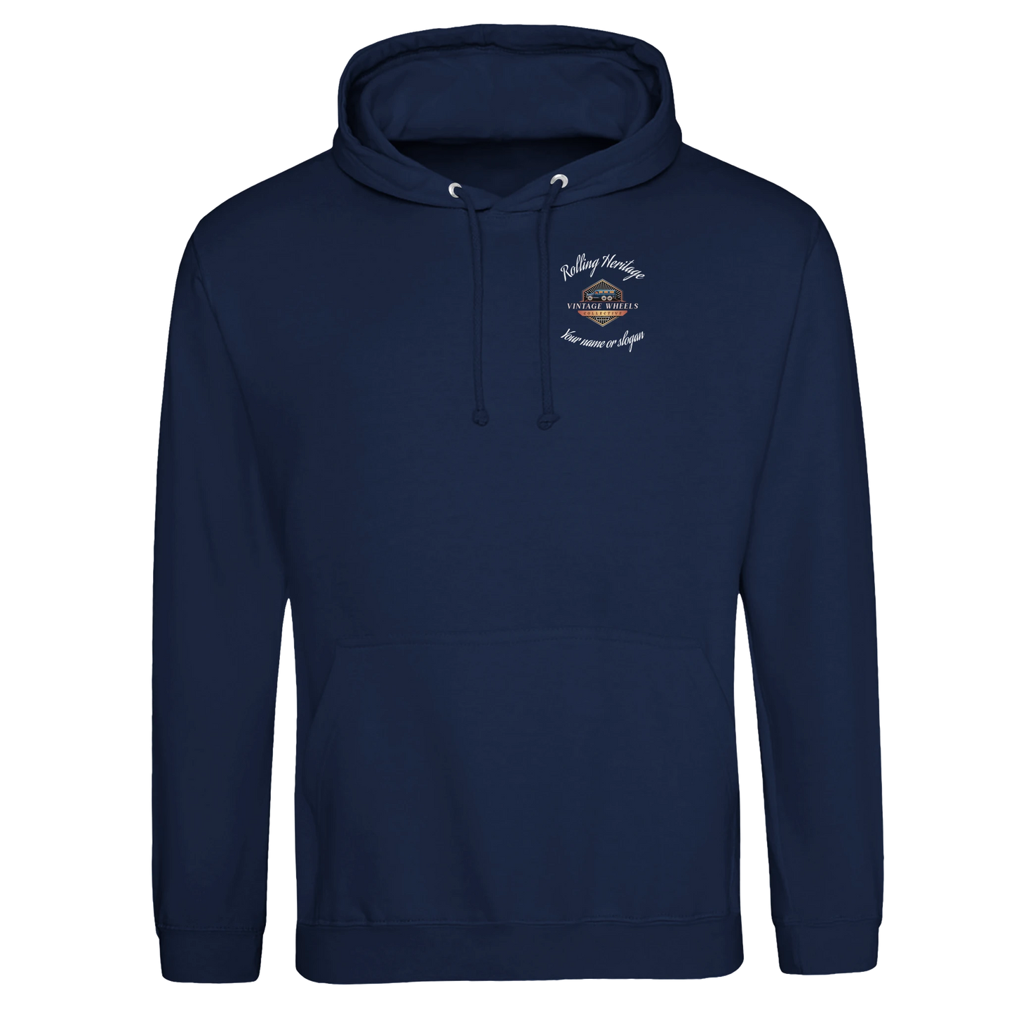 Navy blue V-SERIES Pullover Hoodie ICONIC V12 STREETWEAR featuring front logo, drawstring hood, and unisex streetwear appeal.