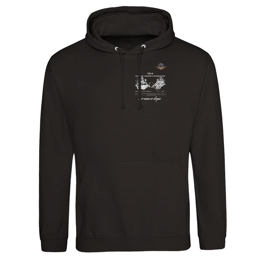 Straight Series Pullover hoodie in Deep Black featuring T214 Flathead Straight-6 Engine. Customized with your name or slogan