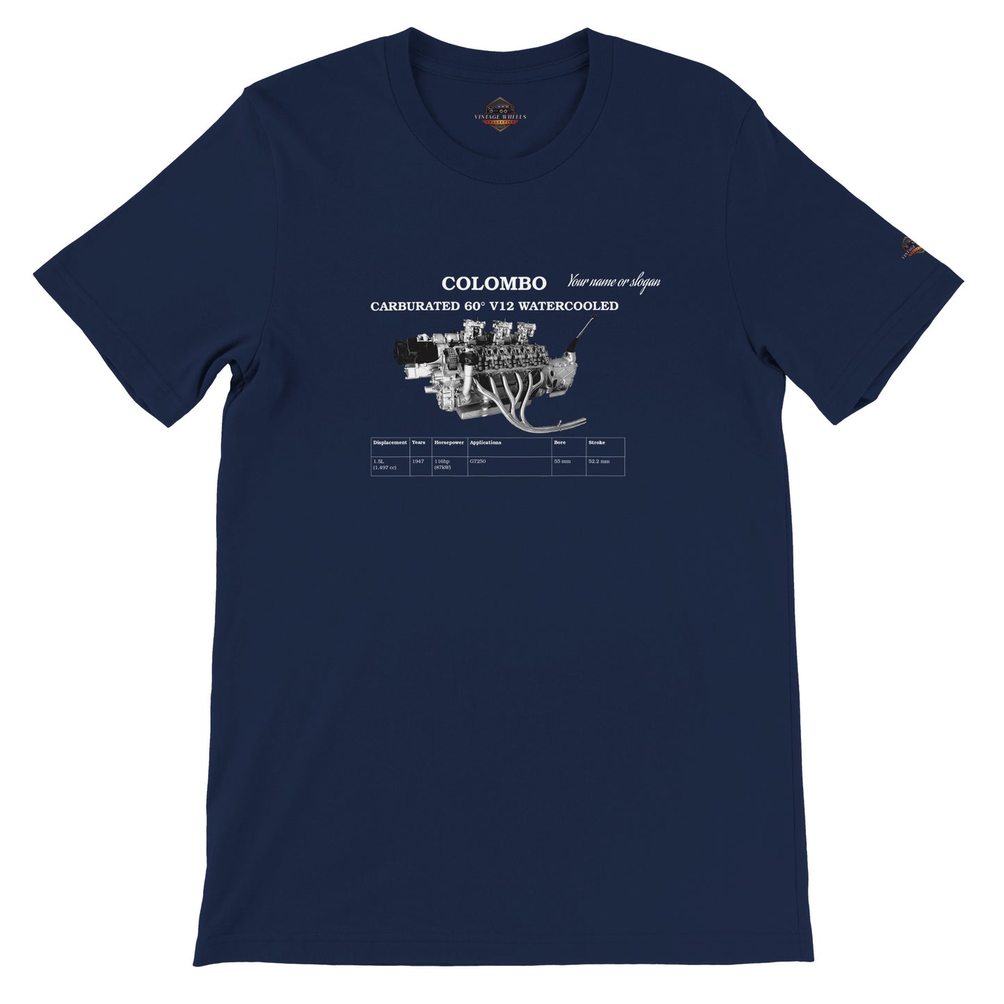 V-Series crew neck T-Shirt in Navy featuring iconic V12 engine. Customize with your name or slogan