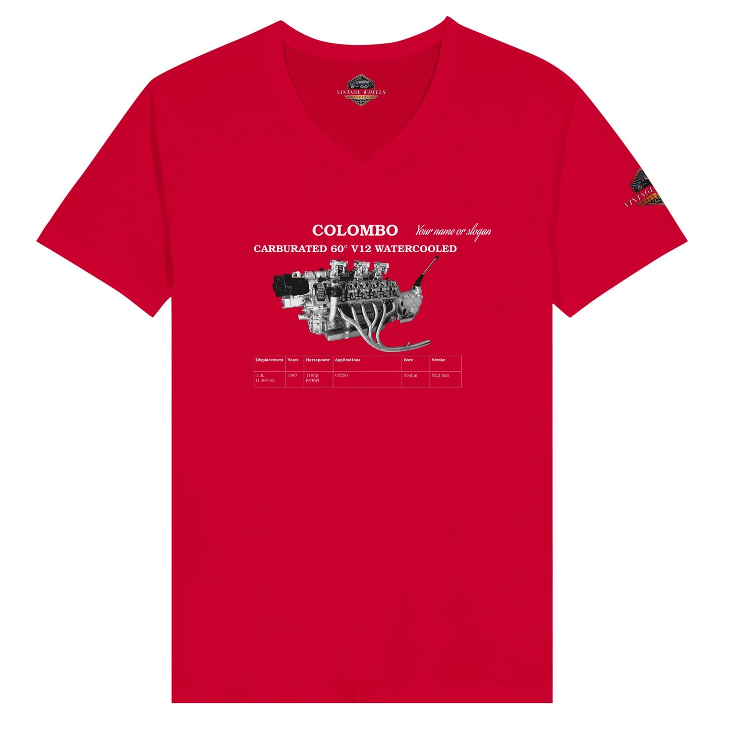 V-Series crew neck T-Shirt in red featuring iconic V12 engine. Customize with your name or slogan