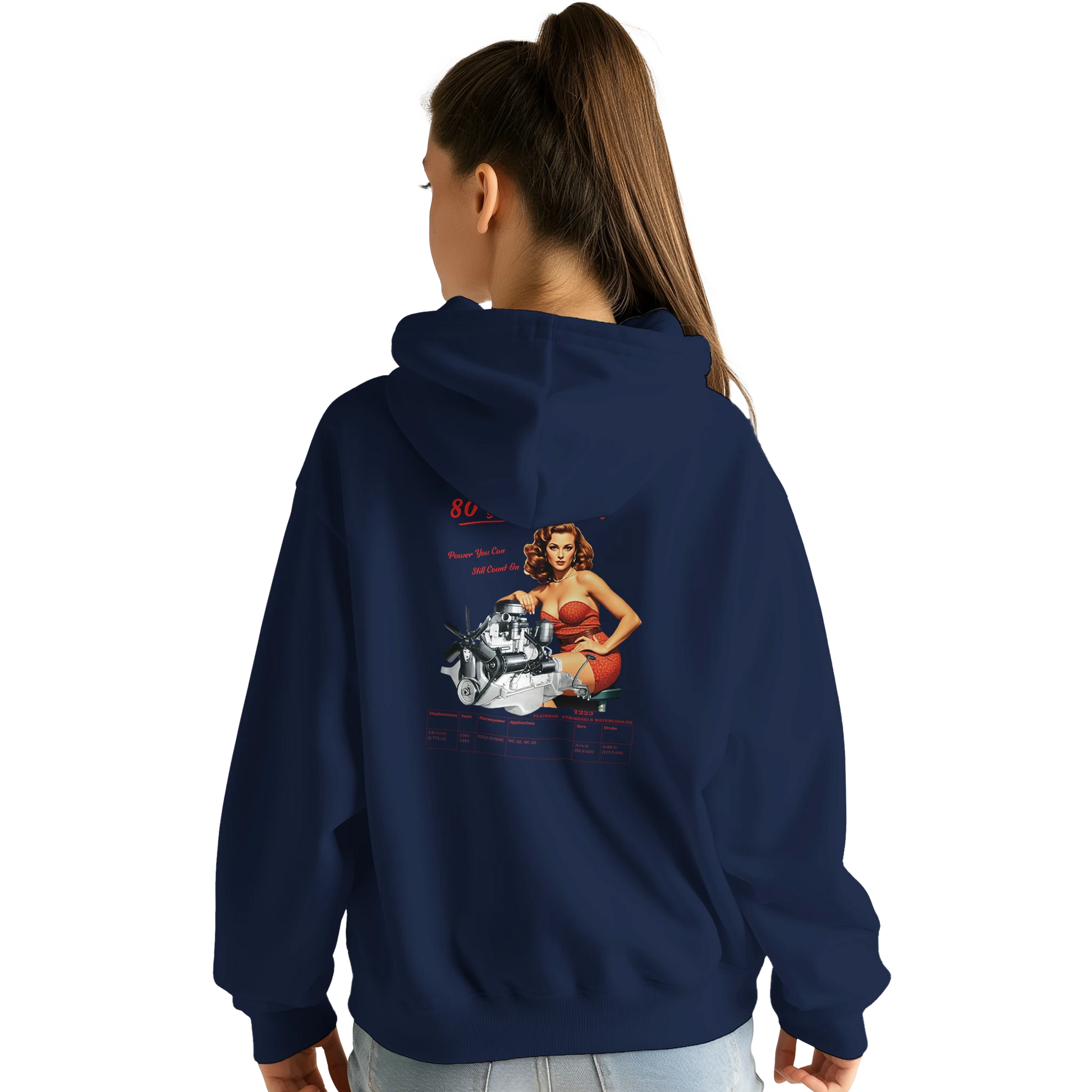 Female model in STRAIGHT SERIES T223 COMFY HOODIE with bold back print of T223 Straight-6 engine and retro pin-up, perfect for gearheads.