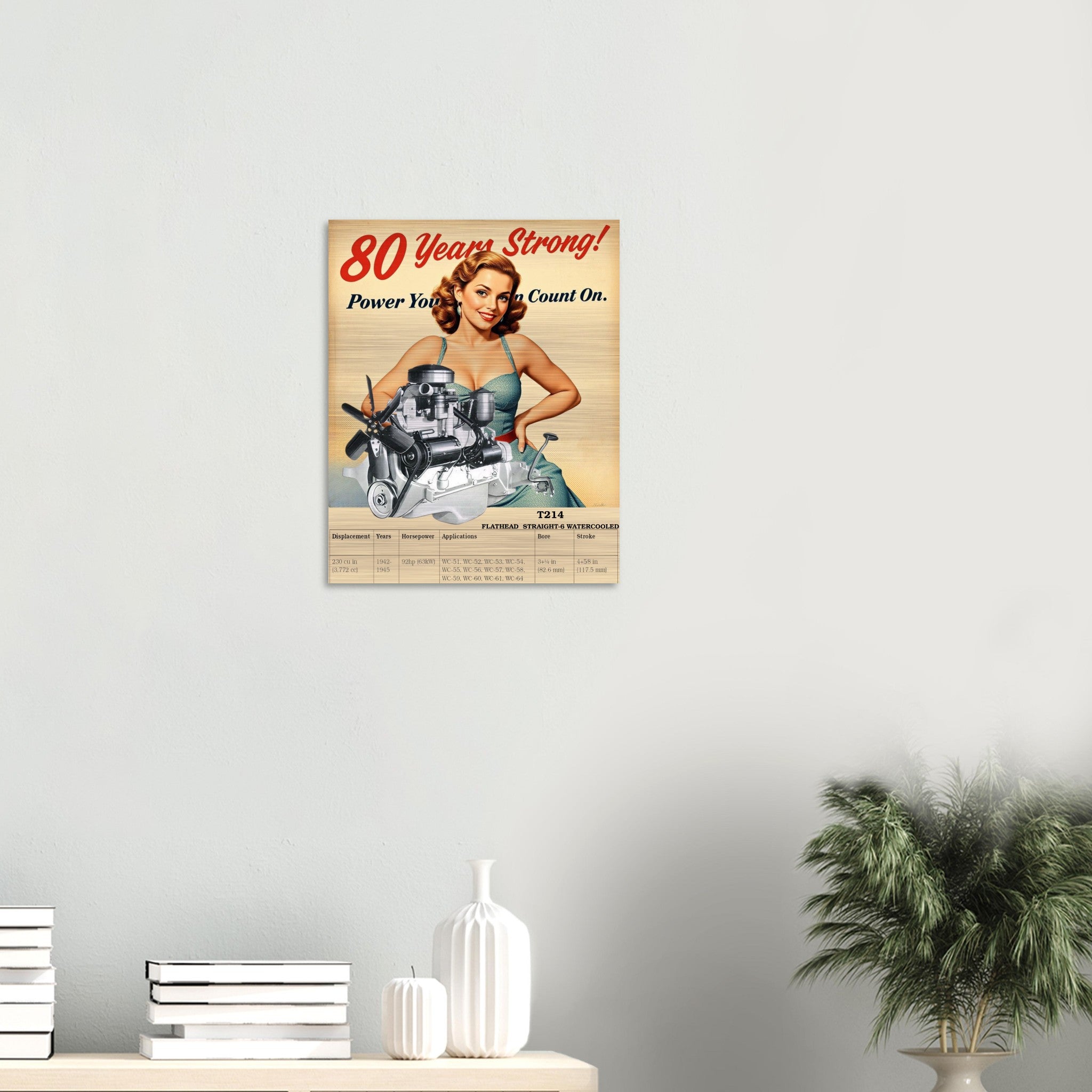 Retro-style WALL ART STRAIGHT-6 SERIE T214 in brushed silver aluminum, mounted above a console table in a minimalist living space.