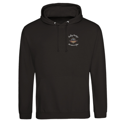 T223 Comfy Hoodie in black with minimalist front embroidery, classic pullover hoodie for men and women.
