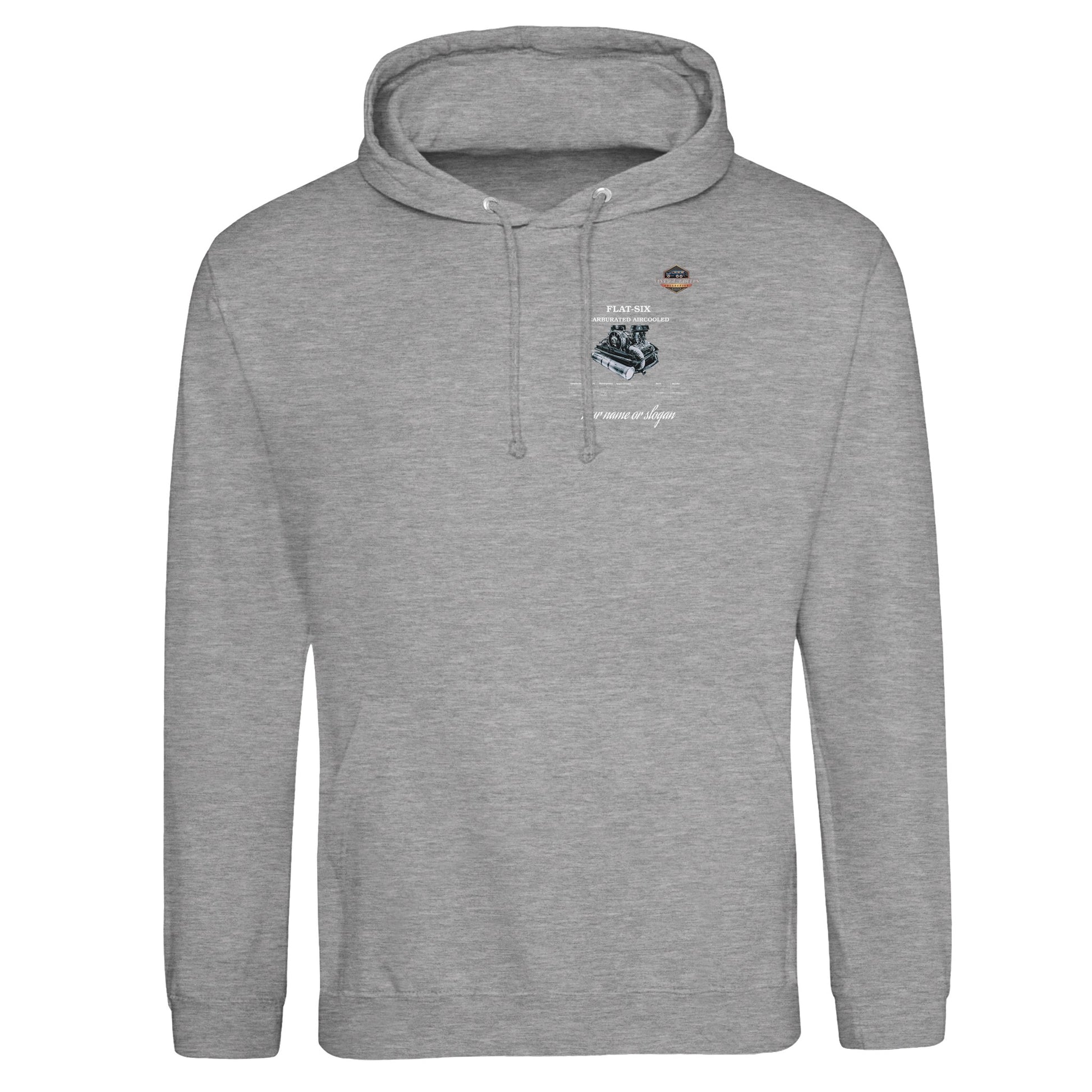 Boxer Series Pullover hoodie in Heather Grey featuring the Flat-Six engine. Customize with your name or slogan