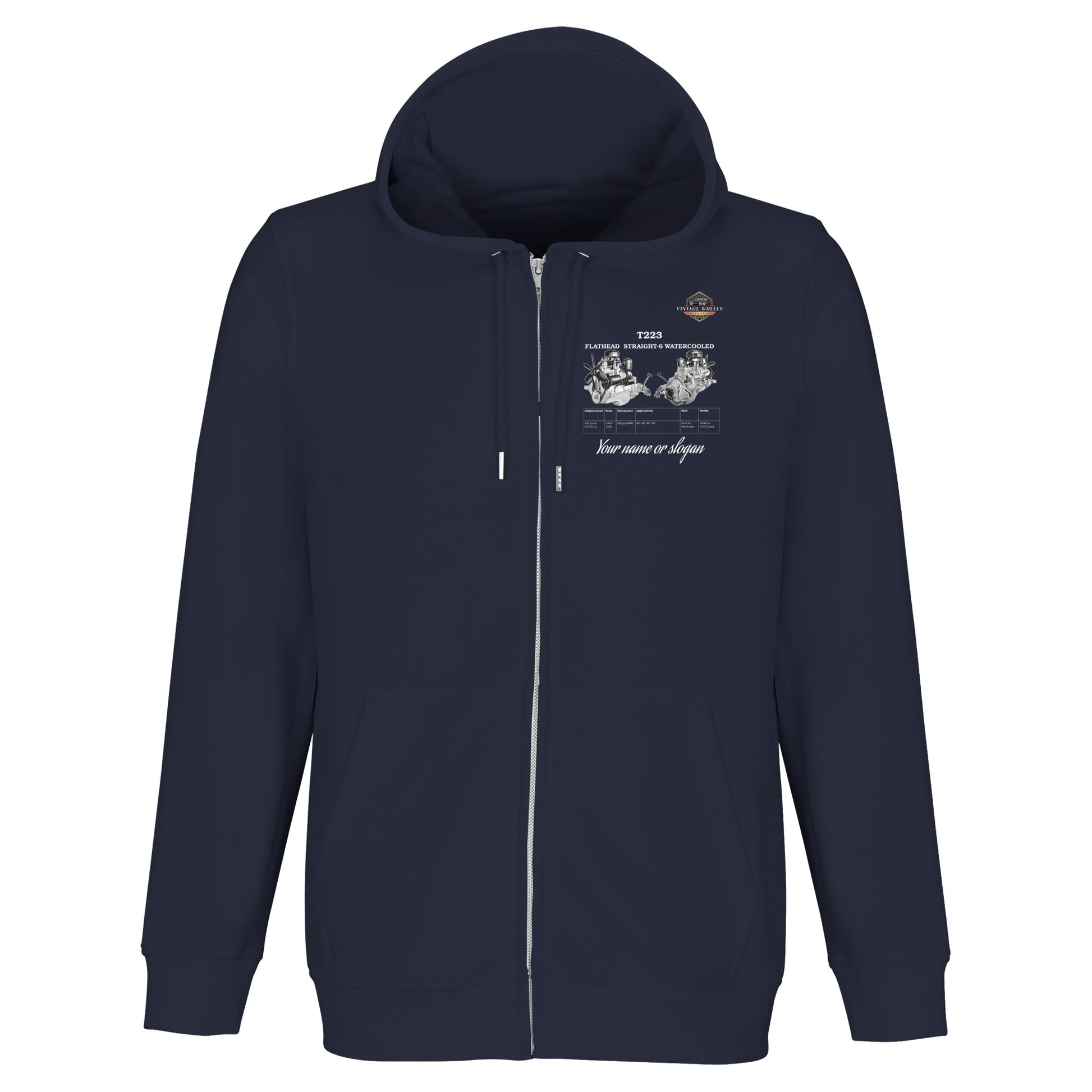 Straight Series zip-up hoodie in Navy featuring T214 Flathead Straight-6 Engine. Customized with your name or slogan