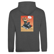 FLAT-SERIES HOODIE FLAT-6 pullover in charcoal with vintage pin-up and flat-6 engine graphic on back, ideal for car enthusiasts.