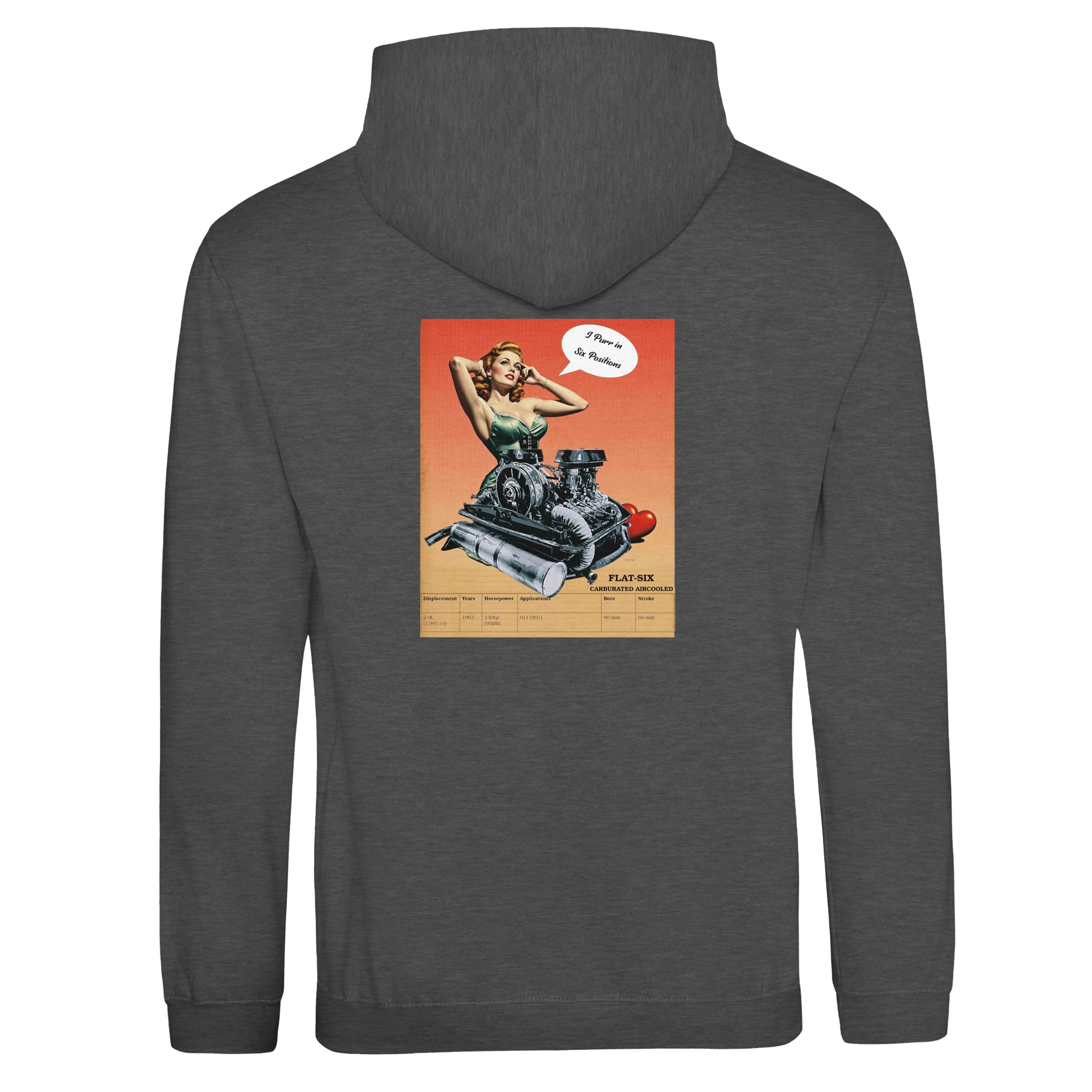 FLAT-SERIES HOODIE FLAT-6 pullover in charcoal with vintage pin-up and flat-6 engine graphic on back, ideal for car enthusiasts.