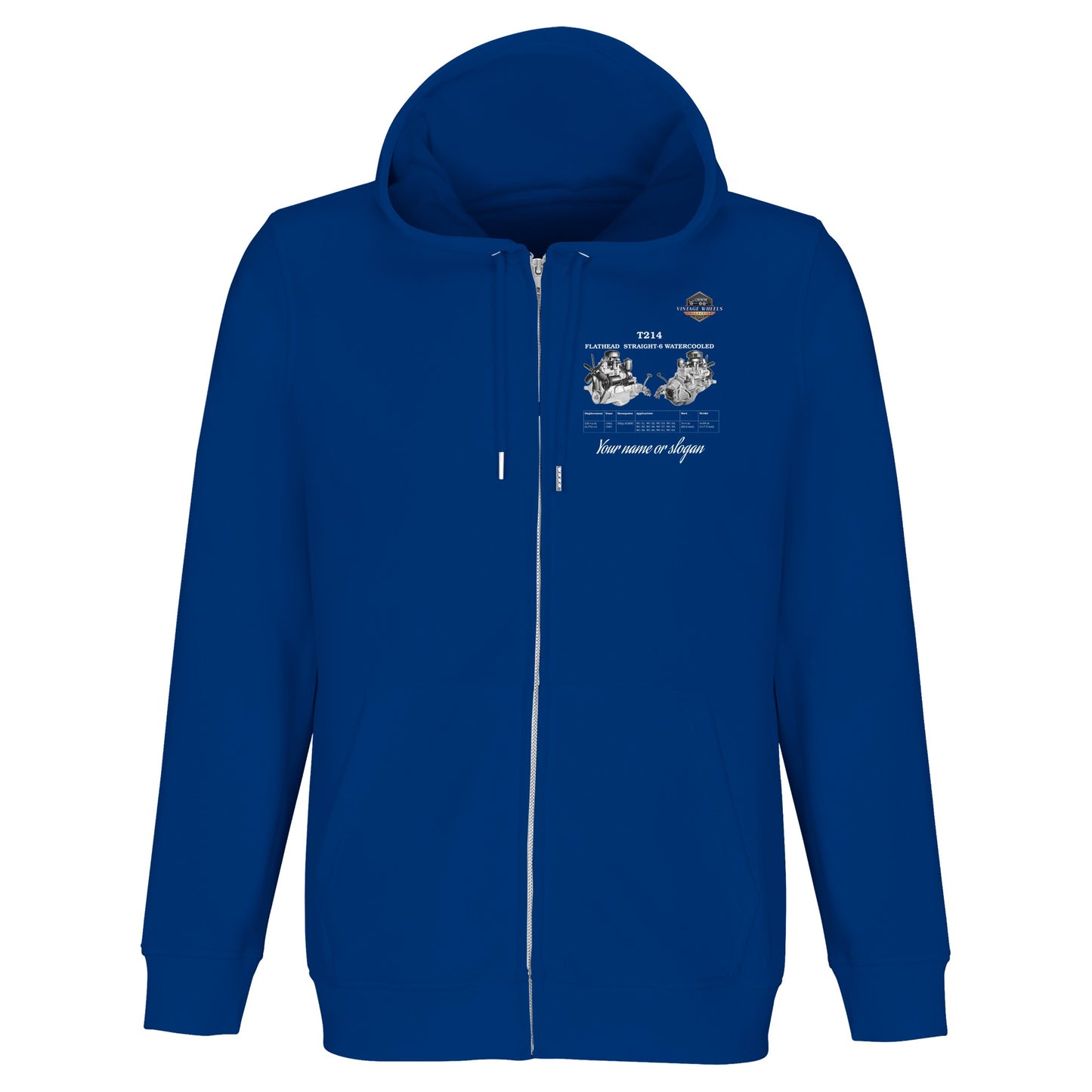 Straight Series zip-up hoodie in Blue featuring T214 Flathead Straight-6 Engine. Customized with your name or slogan