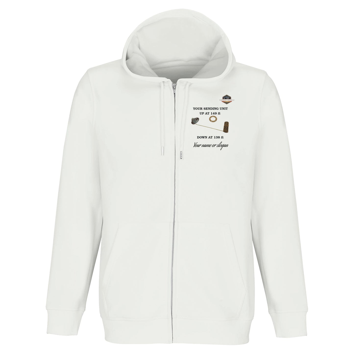 Stunning premium quality zip-up hoodie in White featuring a vintage Fuel Sending Unit