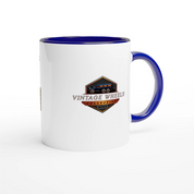Undeniable Fuel Sending Unit 325ml Ceramic Mug with blue interior and Vintage Wheels Collective logo, ideal for car-themed drinkware.