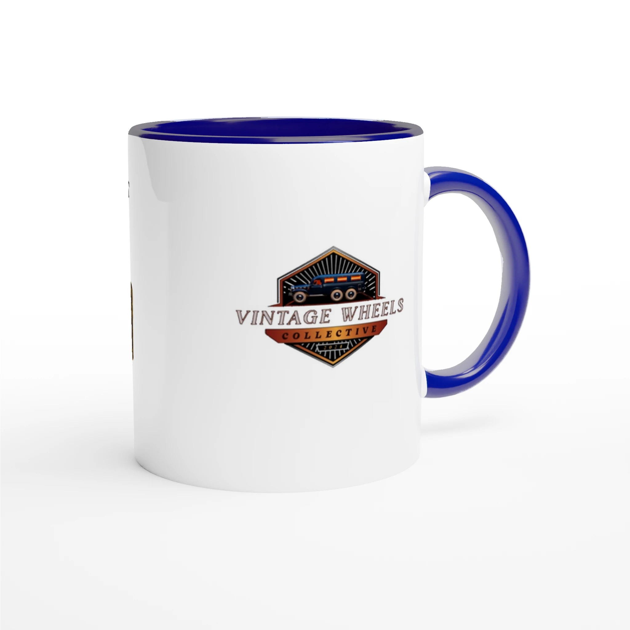 Undeniable Fuel Sending Unit 325ml Ceramic Mug with blue interior and Vintage Wheels Collective logo, ideal for car-themed drinkware.