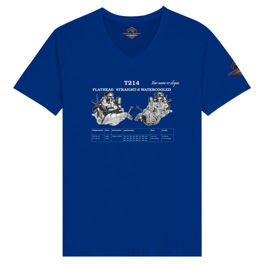 Straight-6 Series v-neck T-Shirt in blue featuring Flathead Straight-6 T214 engine. Customize with your name or slogan