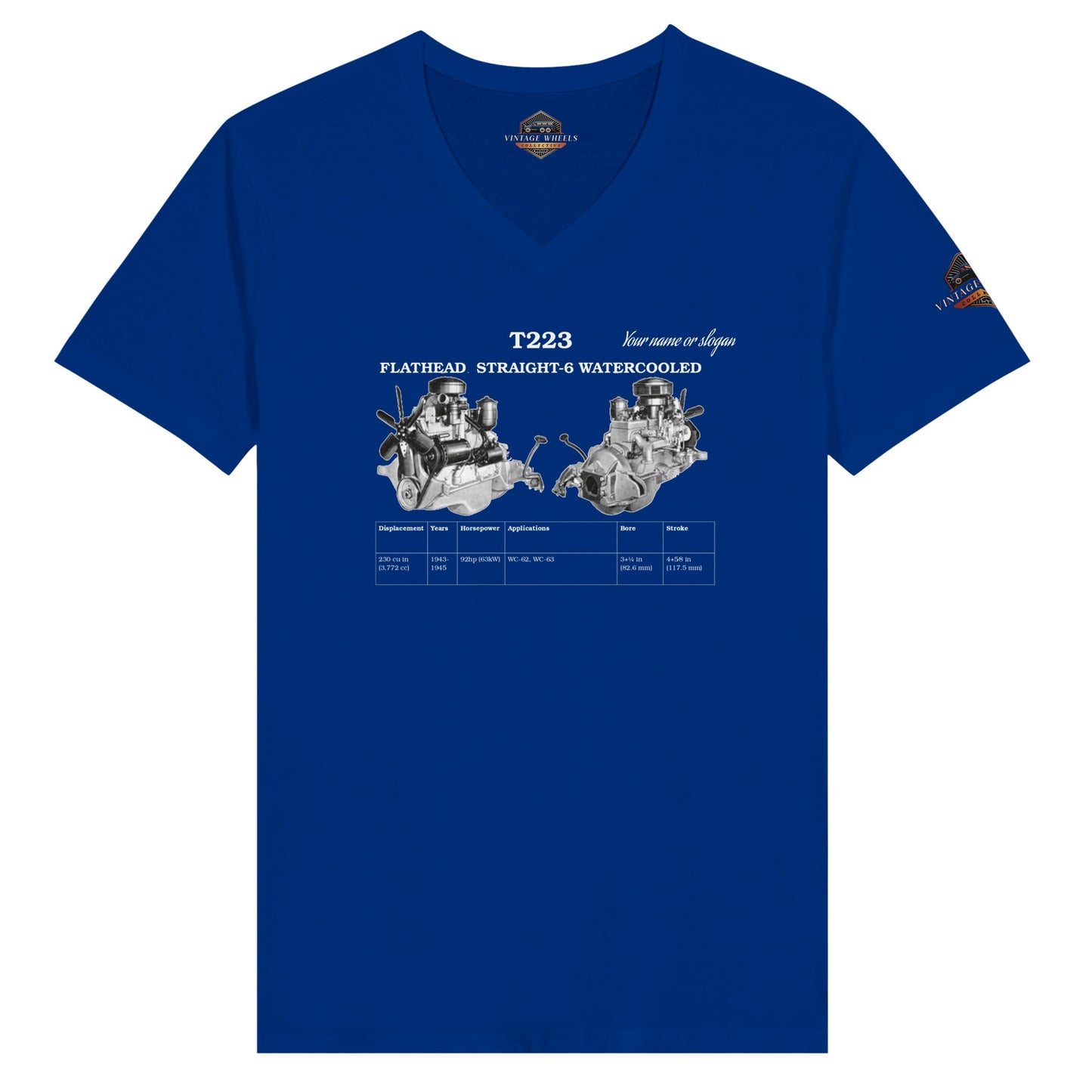 Straight-6 Series v-neck T-Shirt in blue featuring Flathead Straight-6 T223  engine. Customize with your name or slogan