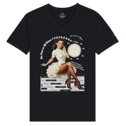 Unisex T-shirt featuring 1940s pin-up girl with Rolls-Royce 9-cylinder engine crank angle and labour diagram, and "She Fires on All Nines" text