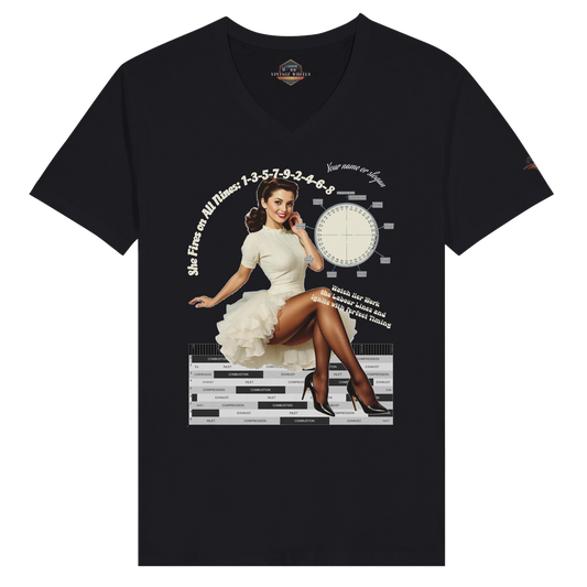 Unisex T-shirt featuring 1940s pin-up girl with Rolls-Royce 9-cylinder engine crank angle and labour diagram, and "She Fires on All Nines" text