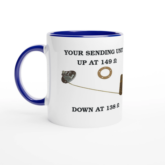 Undeniable Fuel Sending Unit 325ml Ceramic Mug with blue interior, featuring resistance values for classic car enthusiasts.