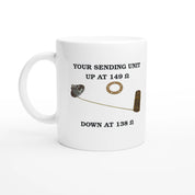 Undeniable Fuel Sending Unit 325ml white ceramic mug with printed resistance values and fuel sender graphic, ideal for classic car enthusiasts.