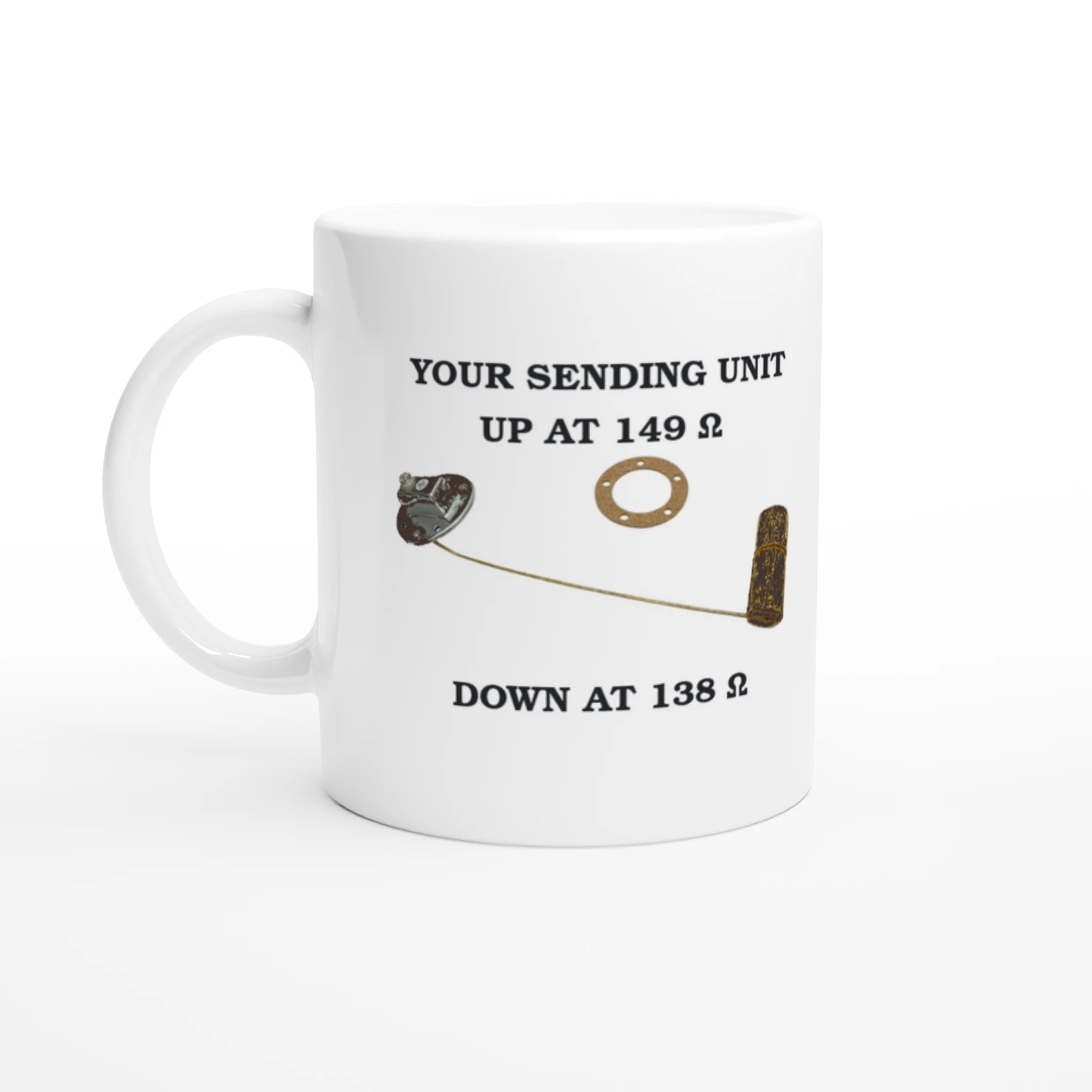 Undeniable Fuel Sending Unit 325ml white ceramic mug with printed resistance values and fuel sender graphic, ideal for classic car enthusiasts.