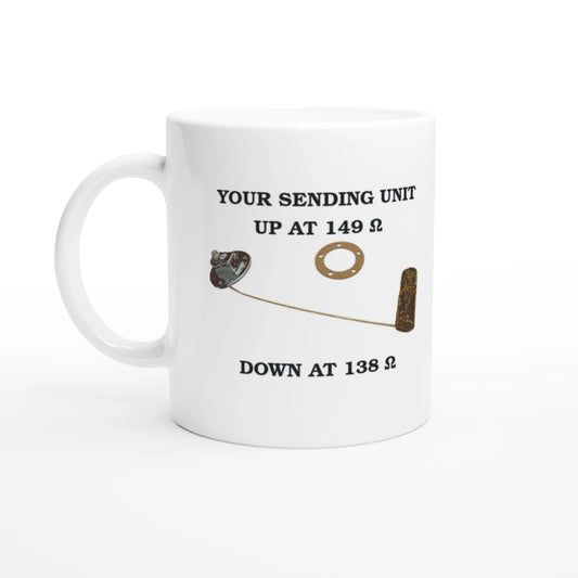 Undeniable Fuel Sending Unit 325ml white ceramic mug with printed resistance values and fuel sender graphic, ideal for classic car enthusiasts.
