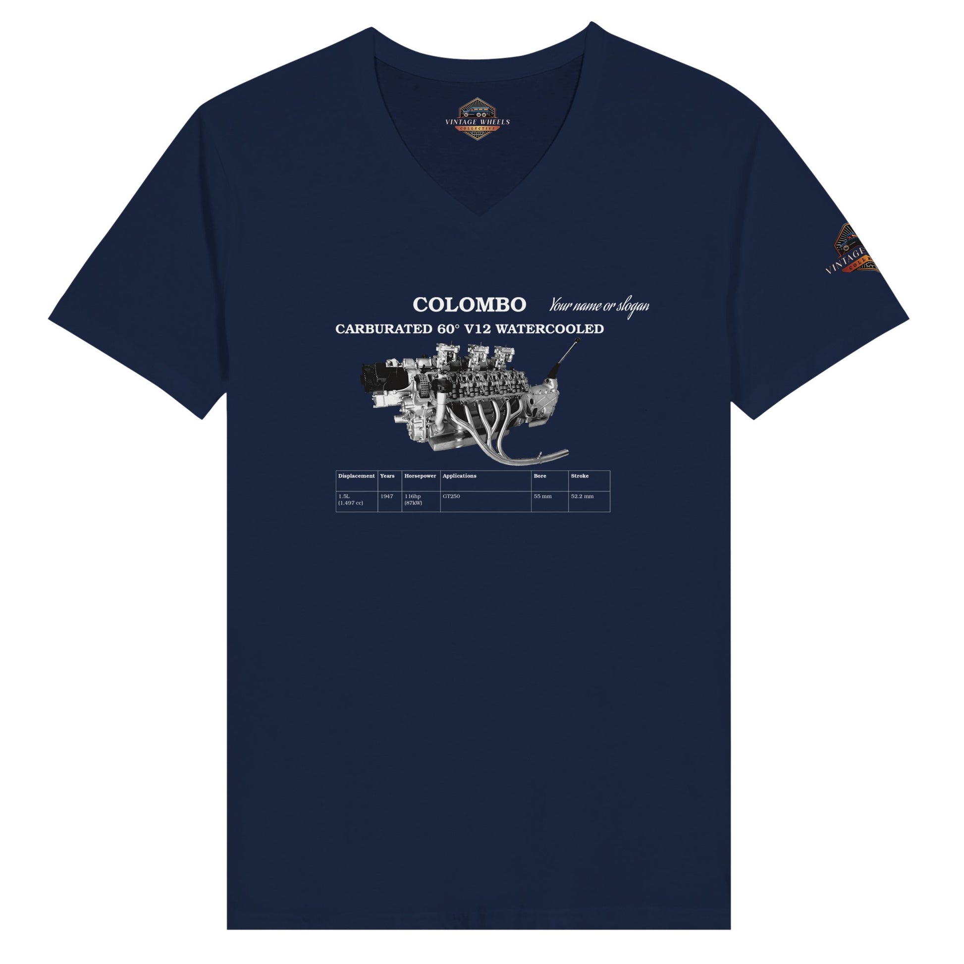 V-Series V-Neck T-Shirt in Navy featuring iconic V12 engine. Customize with your name or slogan