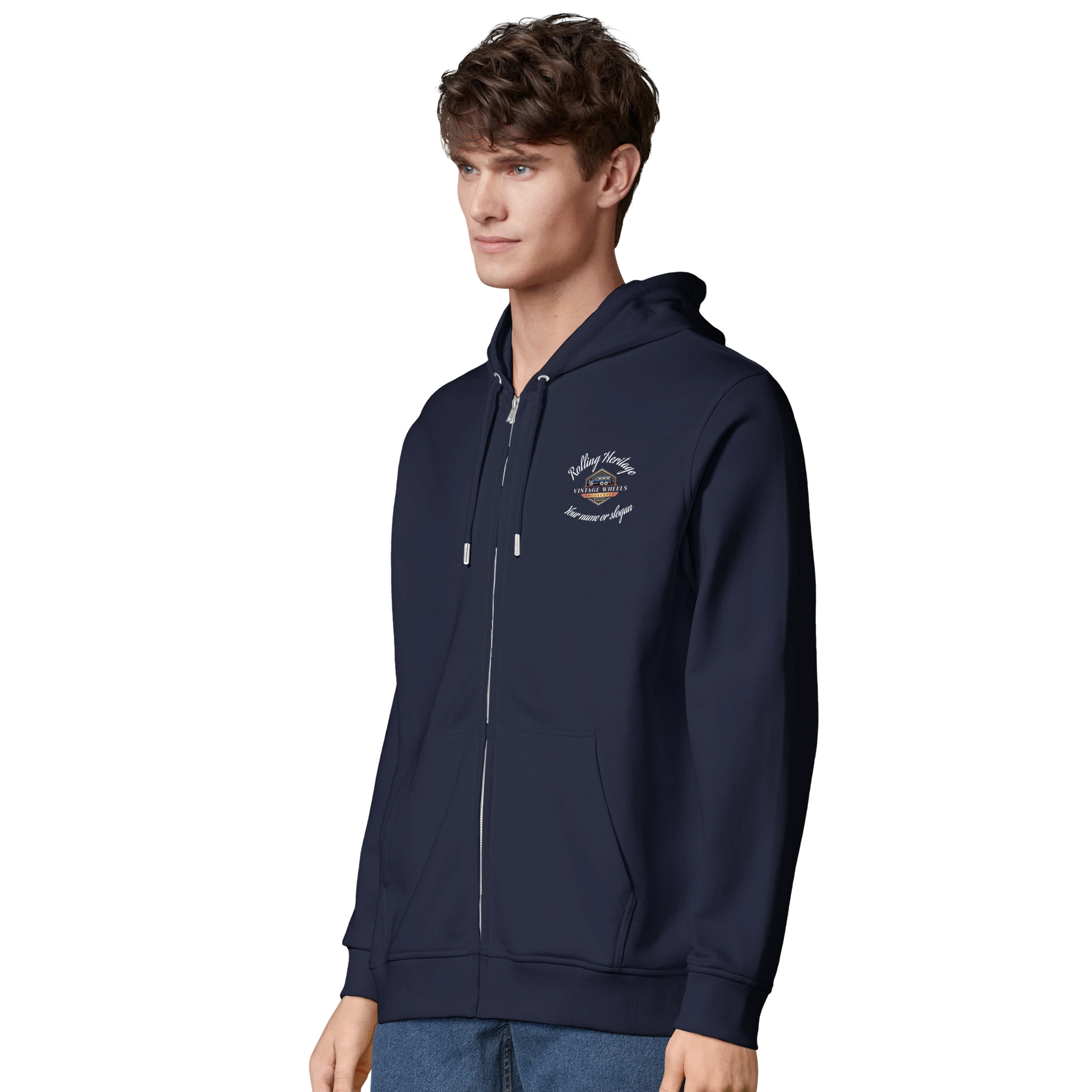 Model wearing Route 66 Rolling Heritage zip-up hoodie inspired by vintage American road culture