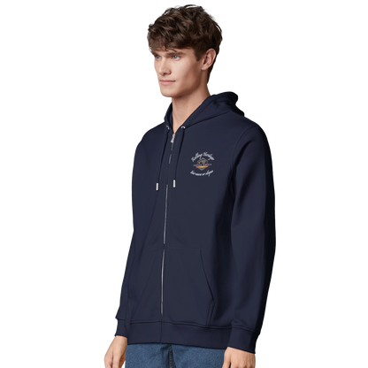 Model wearing Route 66 Rolling Heritage zip-up hoodie inspired by vintage American road culture