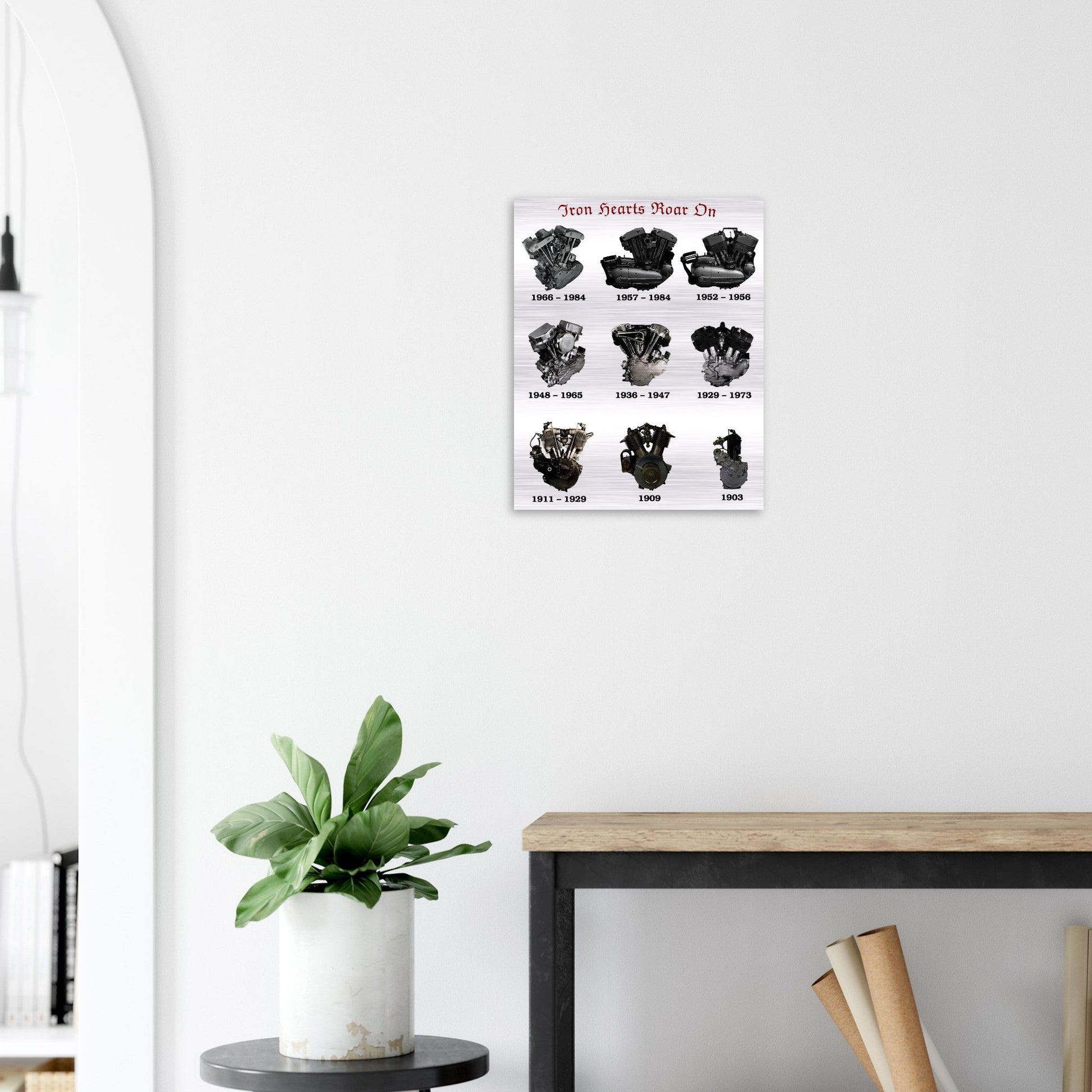 WALL ART IRON HEARTS ROAR ON BRUSHED SILVER ALUMINUM 40x50 cm mounted above a console table, highlighting motorcycle engine decor in a minimalist space.
