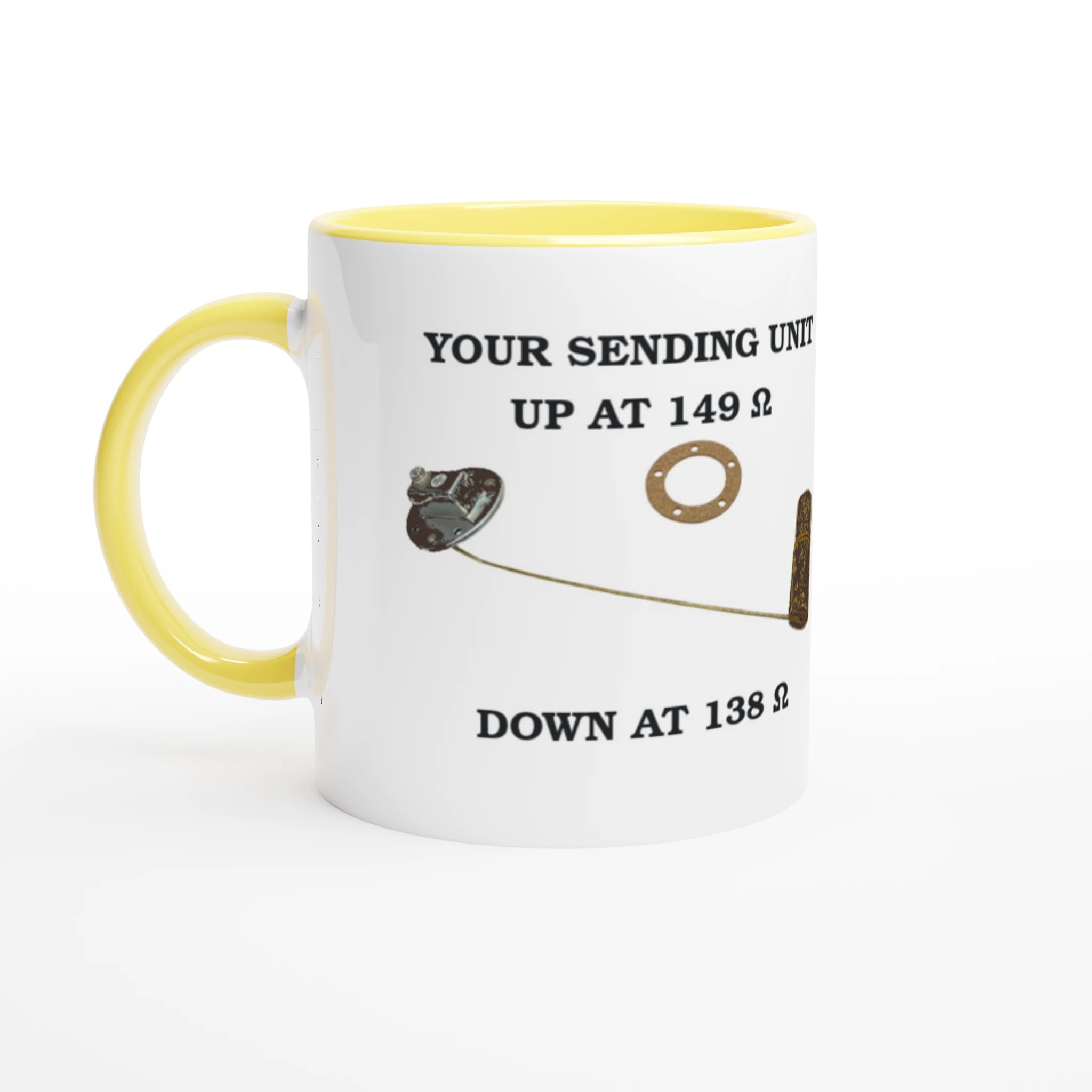 Undeniable Fuel Sending Unit 325ml Ceramic Mug with yellow interior, perfect for automotive-themed kitchen or garage use.