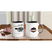 Set of two V Series V12 ENGINE 325ml CERAMIC MUGS on a dining table, showcasing engine design and logo, great for car lovers' drinkware collection.