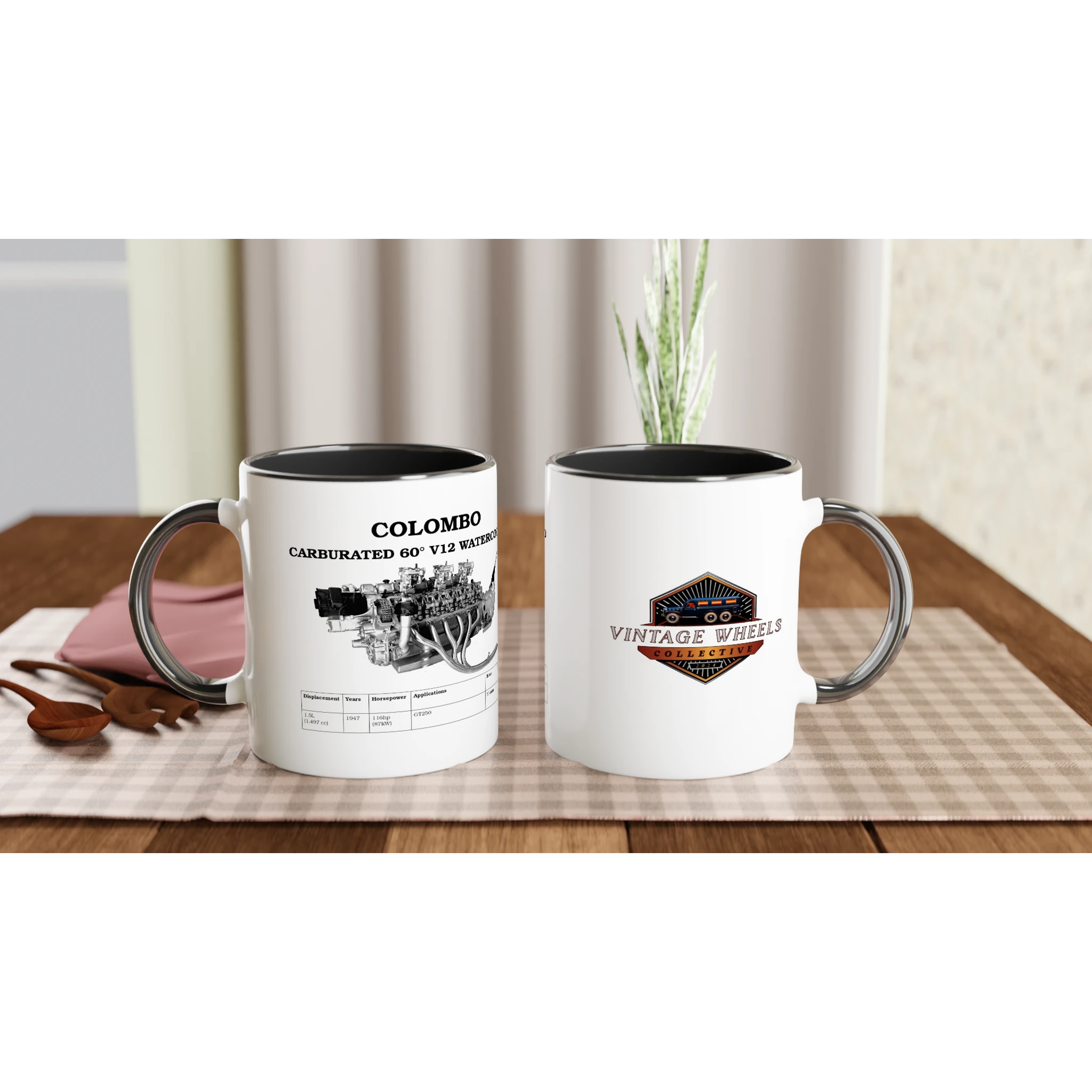 Set of two V Series V12 ENGINE 325ml CERAMIC MUGS on a dining table, showcasing engine design and logo, great for car lovers' drinkware collection.