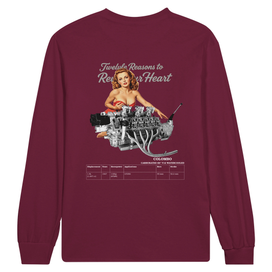 Unisex long sleeve shirt featuring vintage V12 engine illustration and 1940s pin-up girl artwork 