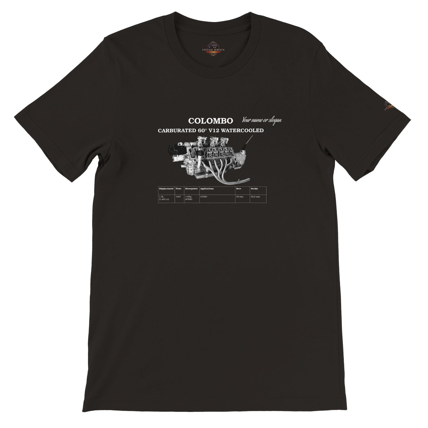 V-Series crew neck T-Shirt in vintage black featuring iconic V12 engine. Customize with your name or slogan