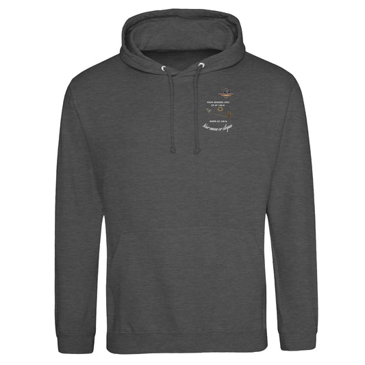 Front view of UNDENIABLE PULLOVER HOODIE VINTAGE DARK in charcoal with small chest print of fuel sending unit, perfect for car enthusiasts.