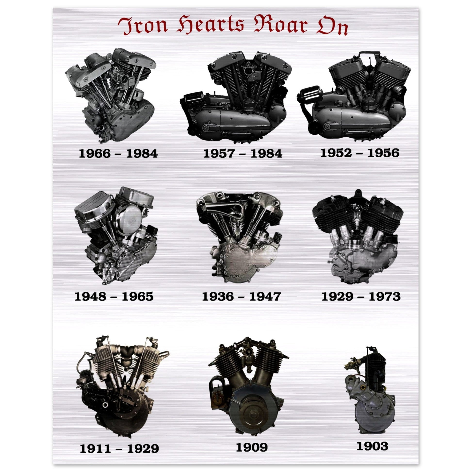 WALL ART IRON HEARTS ROAR ON BRUSHED SILVER ALUMINUM 40x50 cm print featuring vintage motorcycle engines from 1903 to 1984 in a grid layout.