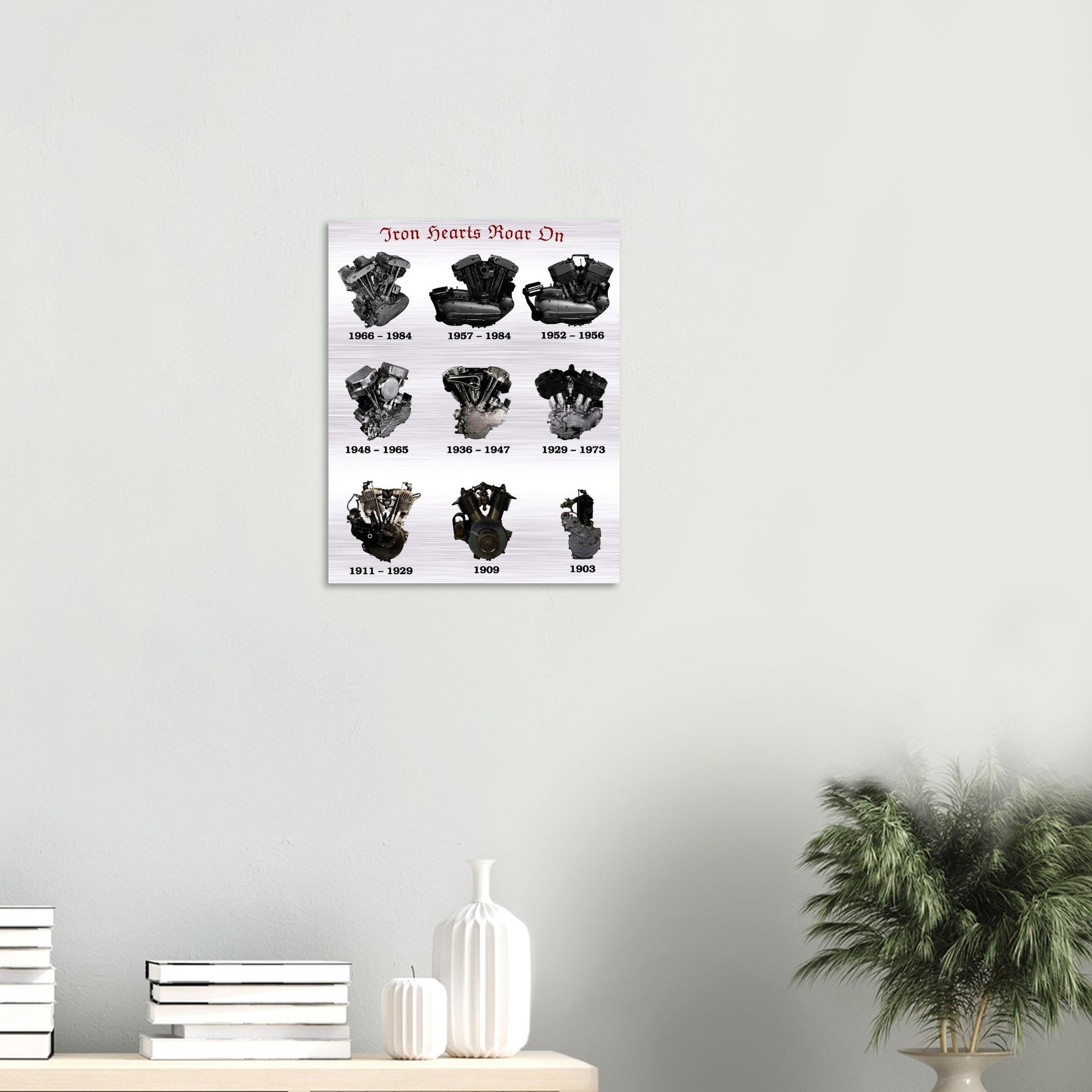WALL ART IRON HEARTS ROAR ON BRUSHED SILVER ALUMINUM 40x50 cm displayed in a modern living room, showcasing industrial motorcycle engine artwork.