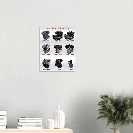 WALL ART IRON HEARTS ROAR ON BRUSHED SILVER ALUMINUM 40x50 cm displayed in a modern living room, showcasing industrial motorcycle engine artwork.