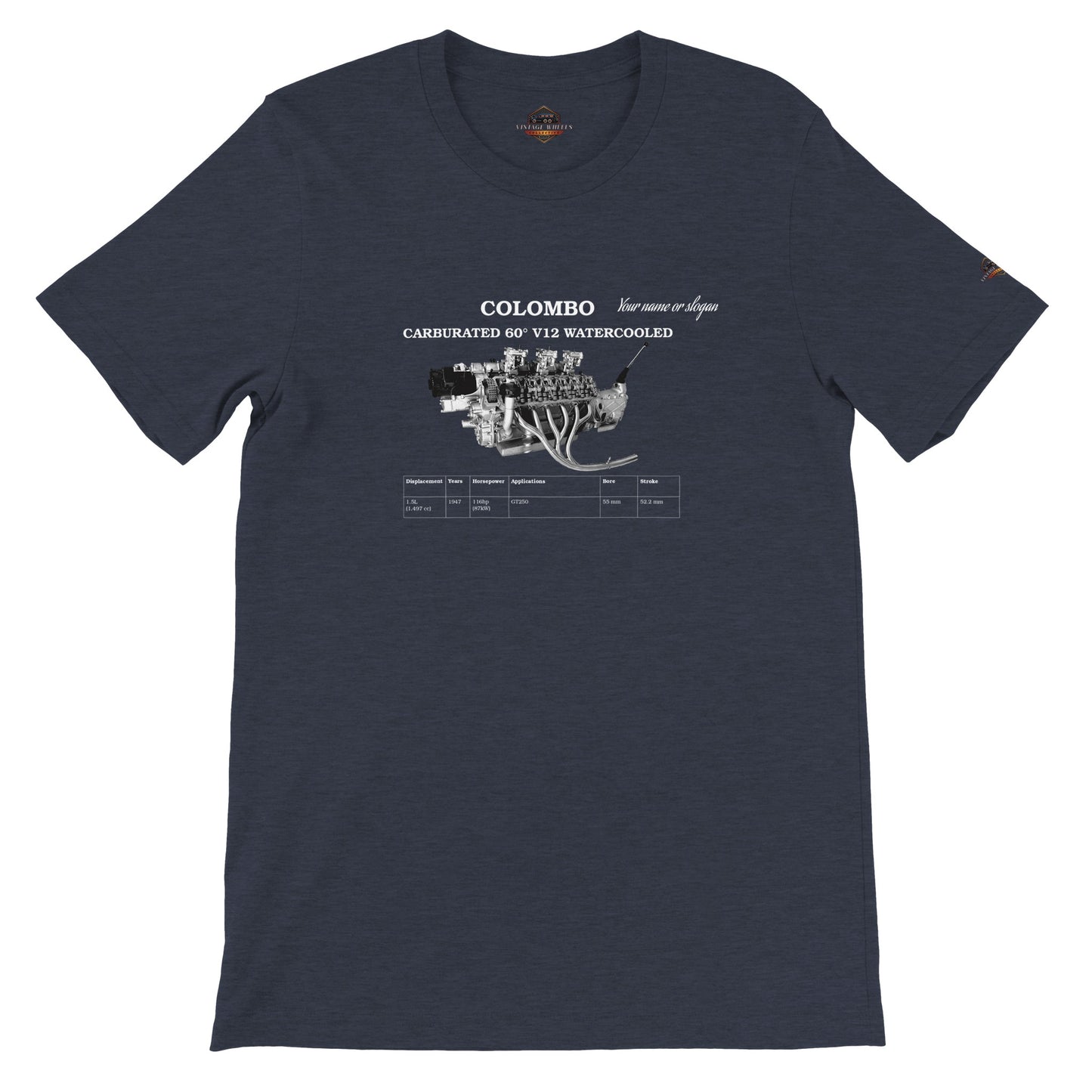 V-Series crew neck T-Shirt in Heather Midnight Navy featuring iconic V12 engine. Customize with your name or slogan