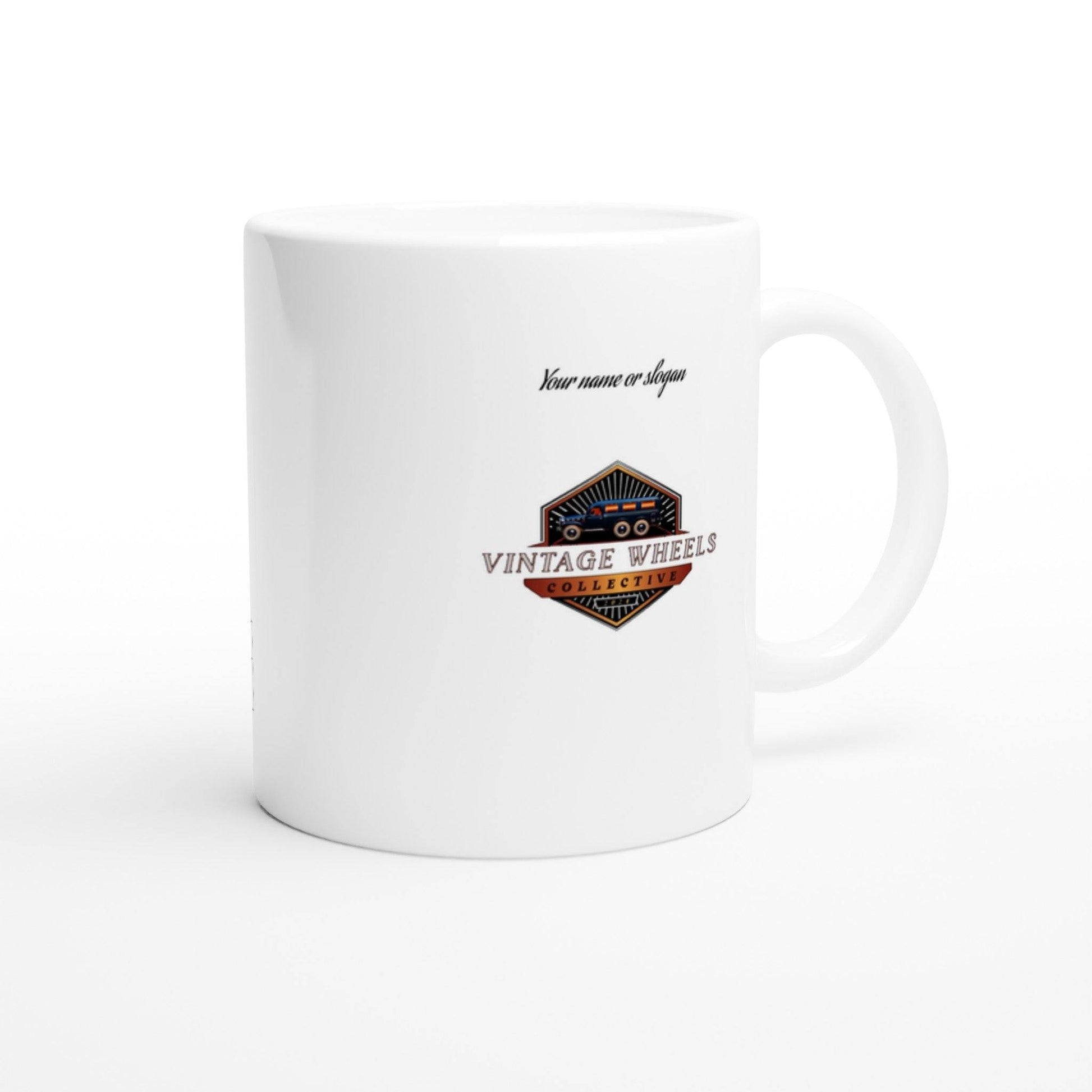 White ceramic mug featuring Vintage Wheels logo