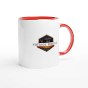 Back view of STRAIGHT SERIES T214 ENGINE 325ml ceramic mug with red interior, featuring Vintage Wheels Collective logo in retro style.