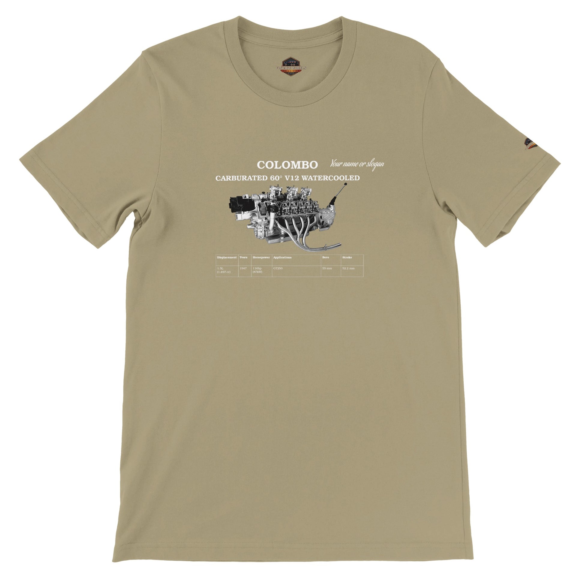 V-Series crew neck T-Shirt in tan featuring iconic V12 engine. Customize with your name or slogan