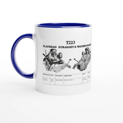 Blue-accented STRAIGHT SERIES T223 ENGINE 325ml COLORED CERAMIC MUG featuring Flathead Straight-6 engine specs, perfect for auto enthusiasts.