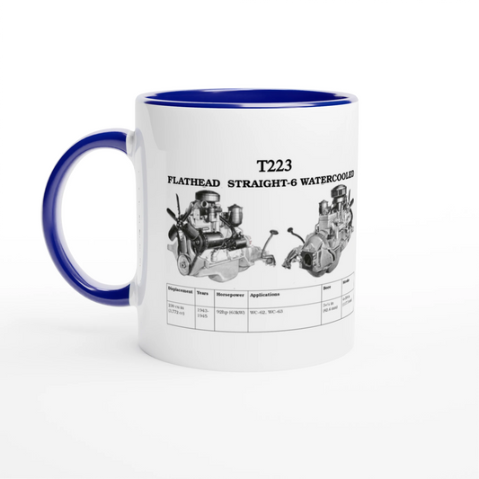 Blue-accented STRAIGHT SERIES T223 ENGINE 325ml COLORED CERAMIC MUG featuring Flathead Straight-6 engine specs, perfect for auto enthusiasts.