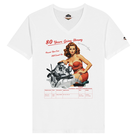 Vintage V-Neck T-shirt featuring a pin-up girl and Flathead Straight-6 T223 engine illustration